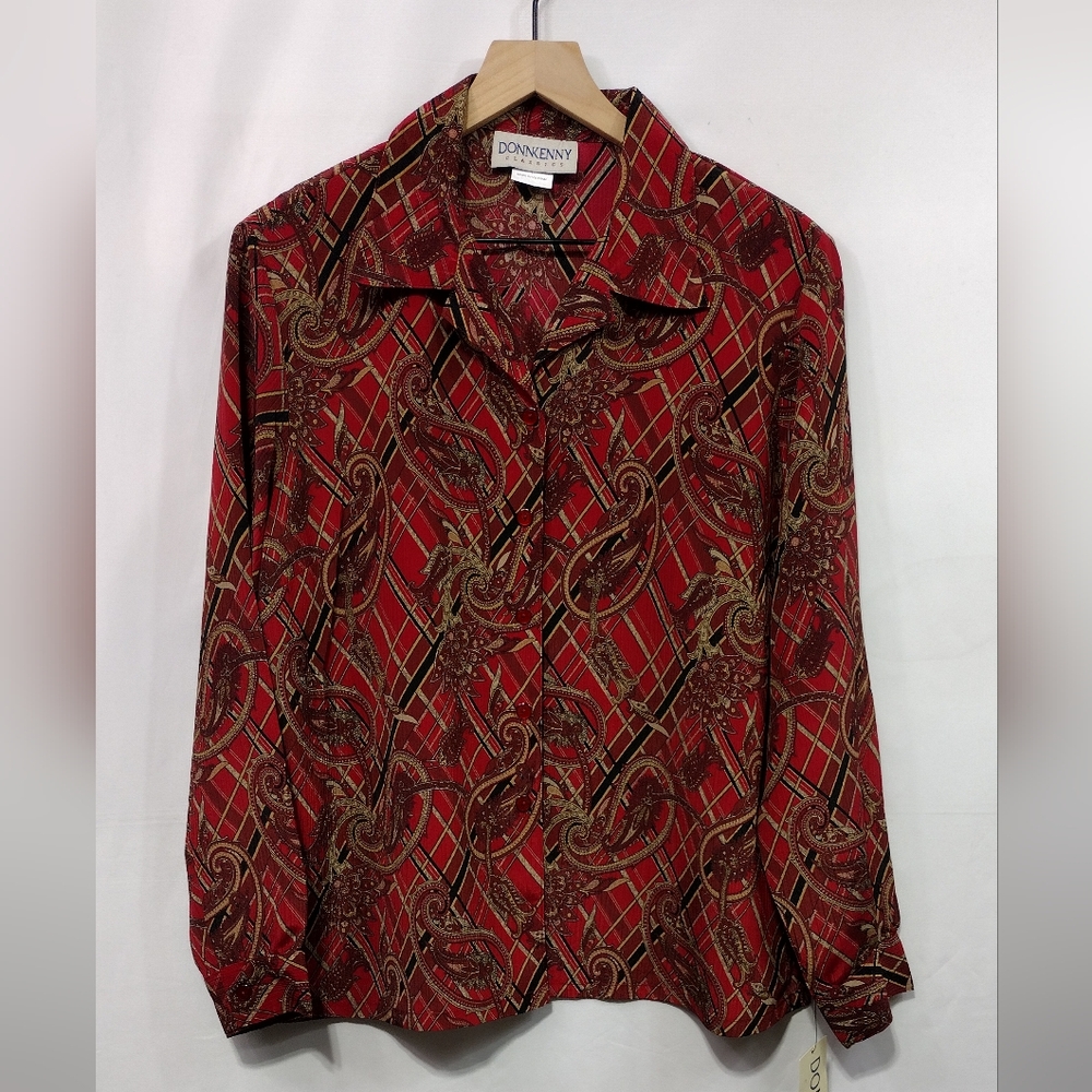 NWT Donnkenny Classics Paisley Plaid Button Shirt Womens L Red Gold Boho Retro